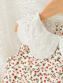 SHEIN Vintaside Kids 女童甜美可愛刺繡大領無袖花卉背心搭配純色長褲套裝，紋理直條紋布料，適合派對、家庭活動、日常度假穿搭、開學季 - 棕色 - 查看 4