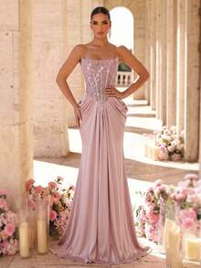 Glamrae Elegant Queen Formal Party Gala Dinner Light Pink Beaded 3D Floral Applique Patchwork Satin Strapless Corset Mermaid Tail Evening Gown Wedding - Pink - View 6