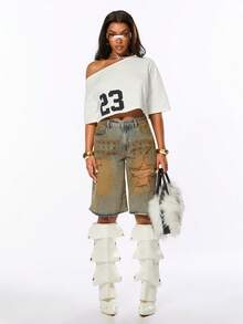 ROMWE Camiseta Oversized Casual Streetwear Estilo Callejero para Mujer con Gráfico del Número 23 Vuelta al Cole Uso Diario Estudiante Blanco y Negro Verano Escuela - Blanco - Ver 3