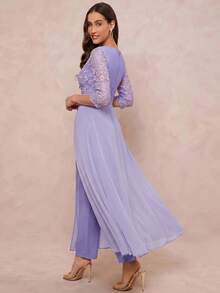 Amorya Women's New Elegant Textured Jacquard Patchwork Chiffon Flowy Jumpsuit, Suitable For Parties And Multiple Occasions - Purple - View 4