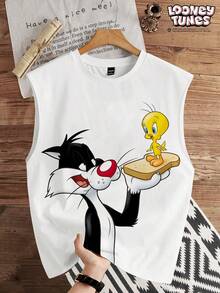 LOONEY TUNES X SHEIN Manfinity Joysei Men's Cartoon Print Round Neck Tank Top - White - View 1