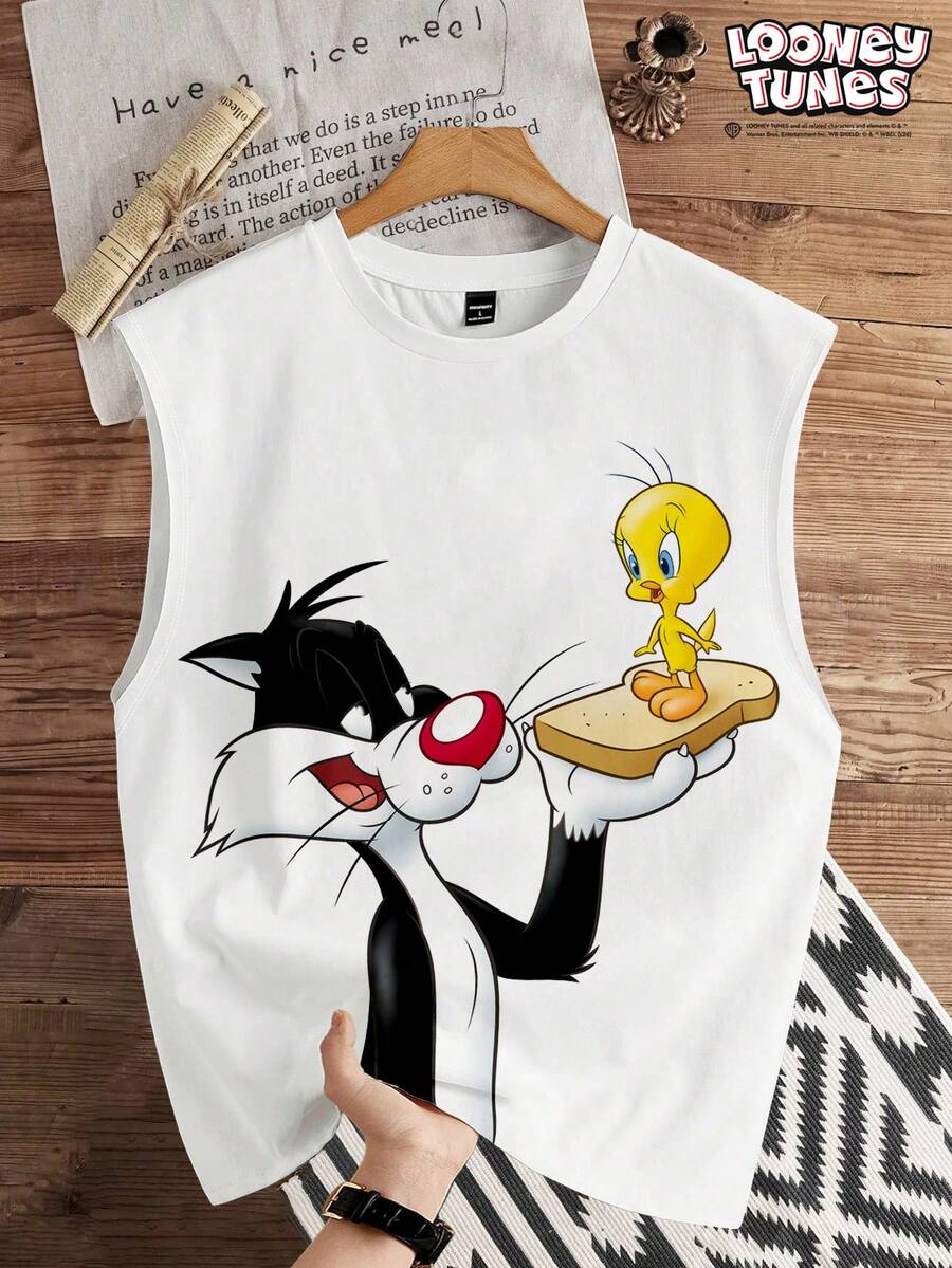 LOONEY TUNES X SHEIN Manfinity Joysei Men's Cartoon Print Round Neck Tank Top - White - View 1
