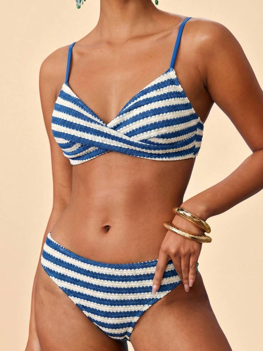 Travachic Women's Summer Beach Striped Patchwork Sexy Bikini And Triangle Bottom Two-Piece Swimsuit Set - Multicolor - View 1