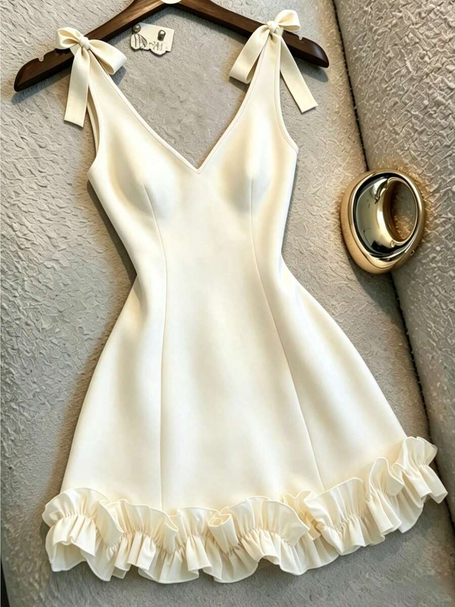 GlowEve 女款純色無袖A字裙,優雅可愛夏季婚禮約會花園派對單身派對伴娘畢業禮服,米白色 - 杏色 - 查看 1