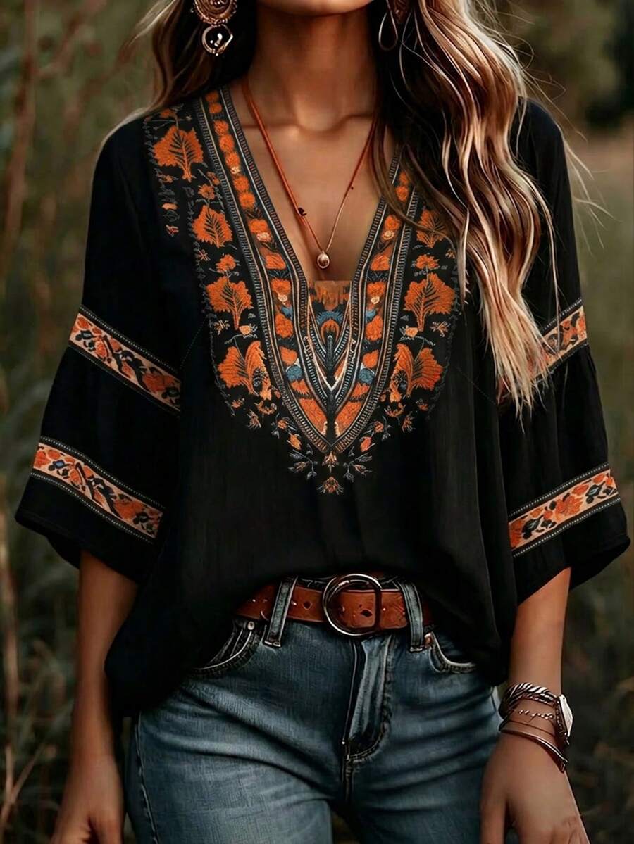 EMERY ROSE Blusa holgada de estilo bohemio para mujer con mangas de murciélago y bordado floral - Negro - Ver 1