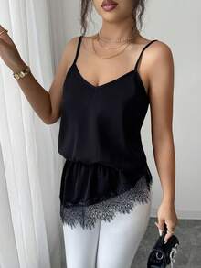 SHEIN Damen-Camisole Einfarbig mit kontrastierender Spitze und asymmetrischem Saum - Schwarz - Übersicht 7