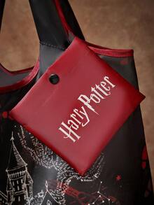 HARRY POTTER X SHEIN 魔法城堡 Marauder Map 印花可折疊聚酯纖維購物袋，可重複使用購物托特包附收納袋 - 黑和紅 - 查看 6