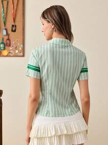 HARRY POTTER X SHEIN Women's Striped Colorblock Casual Versatile Daily Wear Shirt - Green - View 2