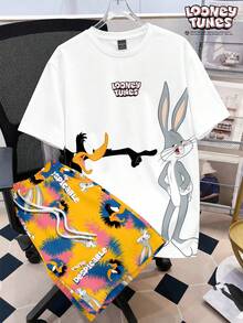 LOONEY TUNES X SHEIN Manfinity Joysei 男士大尺碼字母印花短袖T恤與抽繩腰短褲休閒套裝 - 白色 - 查看 1
