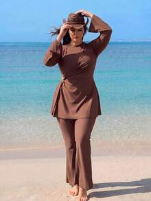 Swim Mulvari Plus Size 2pcs Set Solid Color Knit Fabric Long Sleeve Top With Star Metal Decoration On Waist Side, Long Flare Pants, Flattering And Slimming Middle Eastern Burkini - Brown - View 3