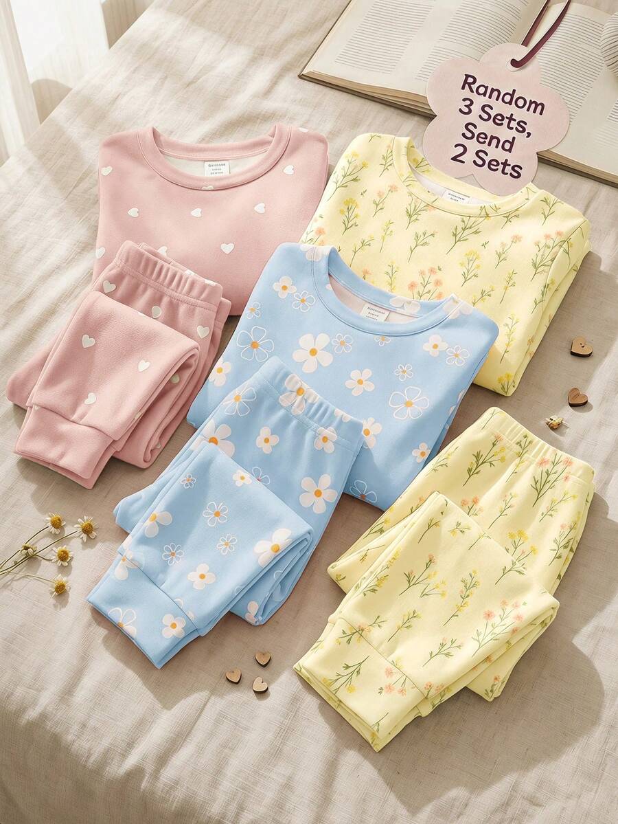 SHEIN 隨機 3 套發 2 套可愛甜美波希米亞花卉雛菊印花森系女嬰休閒簡約修身圓領長袖長褲家居服套裝 4 件組,適合秋冬,新款緊身款 - 彩色 - 查看 1