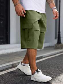 Manfinity Homme Plus Size Men's Drawstring Waist Solid Color Casual Versatile Daily Wear Cargo 3/4 Pants - Army Green - View 3