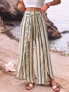 SHEIN Holidaya 女款時尚塗鴉條紋腰部休閒夏季度假居家日常穿著海灘外出時尚設計抽繩側開衩寬腿長褲 - 杏色 - 查看 5