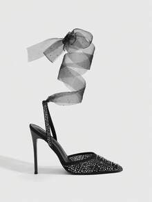 CUCCOO SZL Women's Black Mesh Studded Pointed Toe Pumps With Ankle Tie Ribbon Straps - Black - View 2