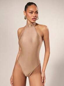 Hauture 1pc Women's Summer Sexy Beach Vacation Style Minimalist Solid Color Backless Halter Neck One-Piece Swimsuit - Khaki - View 4