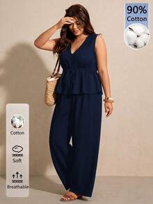 Elaquor Plus Size Women Solid Color V-Neck Pleated Top And Pants Casual Daily 2-Piece Set - Navy Blue - View 3