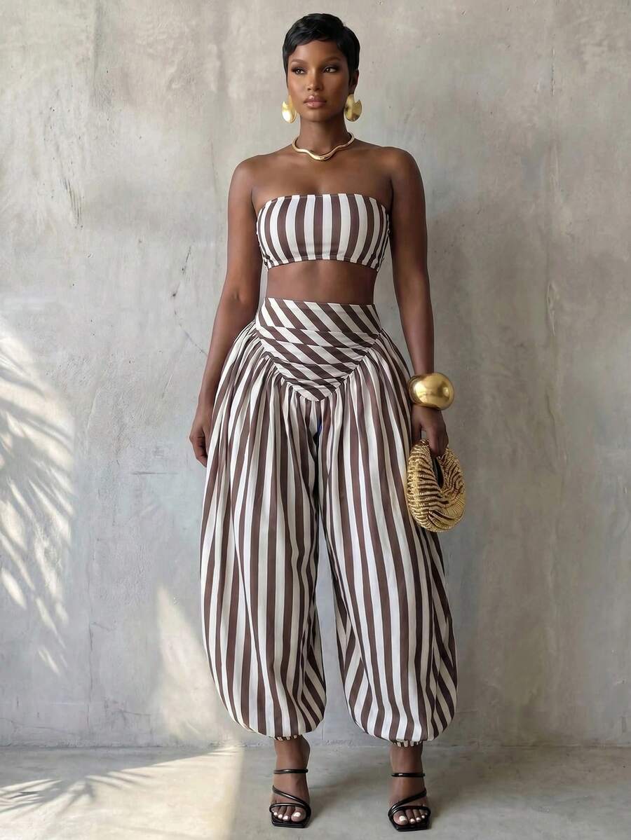 BamGlimmer Conjunto de 2 piezas para mujer con top corto tipo tubo de patrón a rayas y pantalones jogger holgados - Multicolor - Ver 1