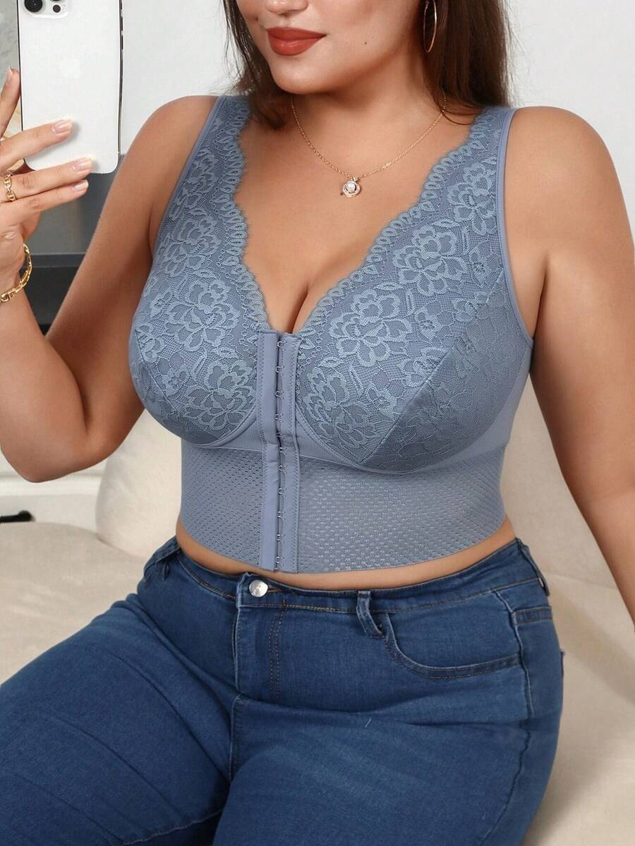 SHEIN 性感貼身蕾絲飾邊上衣,附睫毛蕾絲 - 藍色 - 查看 1