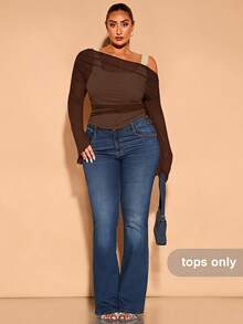 SHEIN BAE Plus Size Women Solid Color Ruched Fitted Versatile Casual T-Shirt - Mocha Brown - View 3