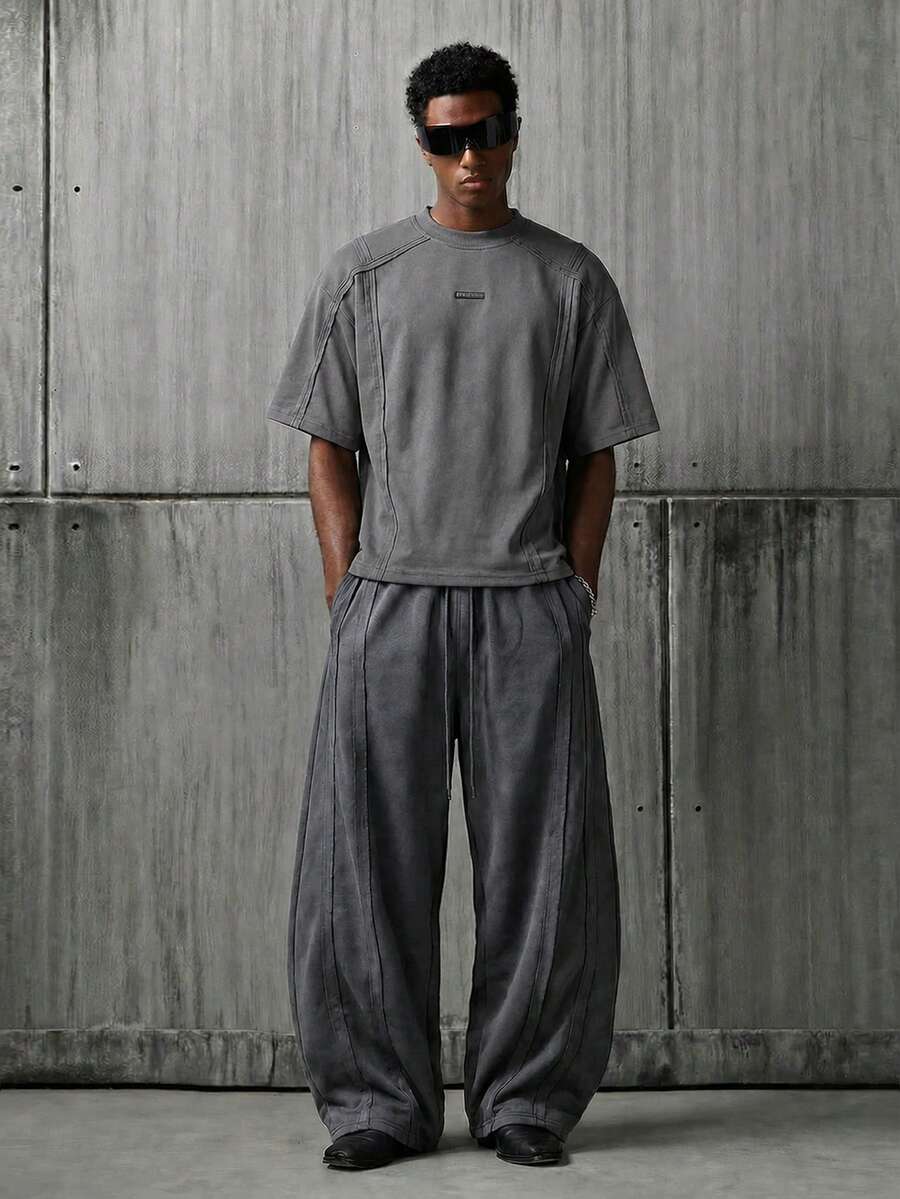 NEON BLANC Men's Summer Casual Streetwear Loose Short Sleeve T-Shirt, Standard Size, Dark Grey, Solid Color, Asymmetrical Patchwork Beach Holiday Vacation - Dark Grey - View 1