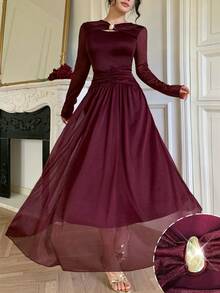 Modelyn Elegant Women's Banquet Dress With Design-Driven Solid Color Mesh, Metal Buckle Decoration, Pleated Slimming Long Sleeve And Flared Hem - Burgundy - View 4