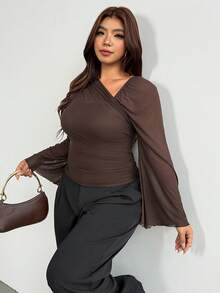 Firerie Plus Size Women's Solid Color Asymmetric Collar Bell Sleeve Fashion Brown Top For Women Elegant Office Business Work Top Elegant Graduation Top Women - Coffee Brown - View 8