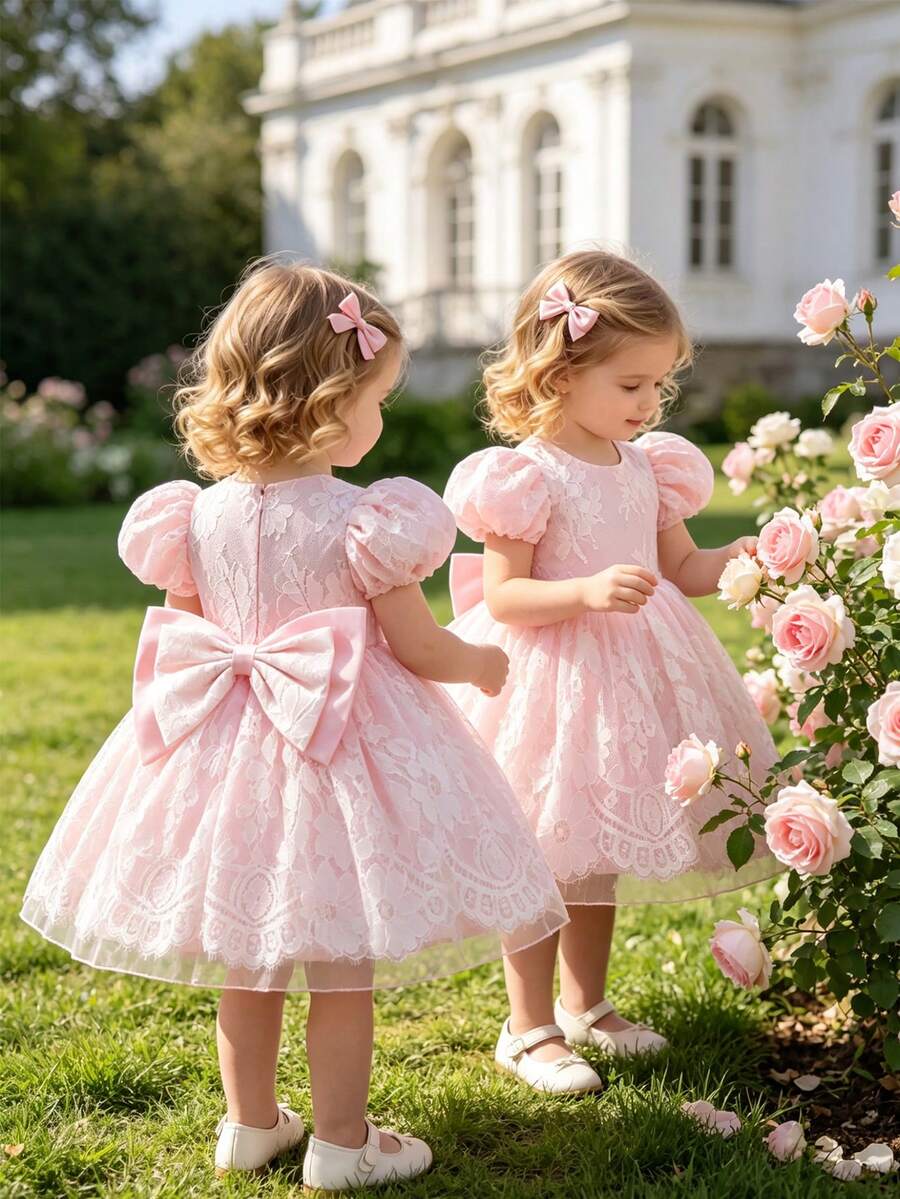 Glamorique Kids 女嬰粉色緞面蕾絲飾邊短袖泡泡袖洋裝,可拆卸蝴蝶結背部設計,花童婚禮禮服,適合生日派對、家庭聚會、晚宴、畢業舞會、夏季度假、家庭拍照及女嬰模特兒走秀 - 粉色 - 查看 1