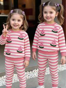 SHEIN Playful Pals 女嬰休閒日常可愛紋理粉色與白色條紋套裝,3D鉤編西瓜貼布透明俏皮上衣搭配長款內搭褲,秋季日常休閒可愛運動穿搭 - 淺粉色 - 查看 4