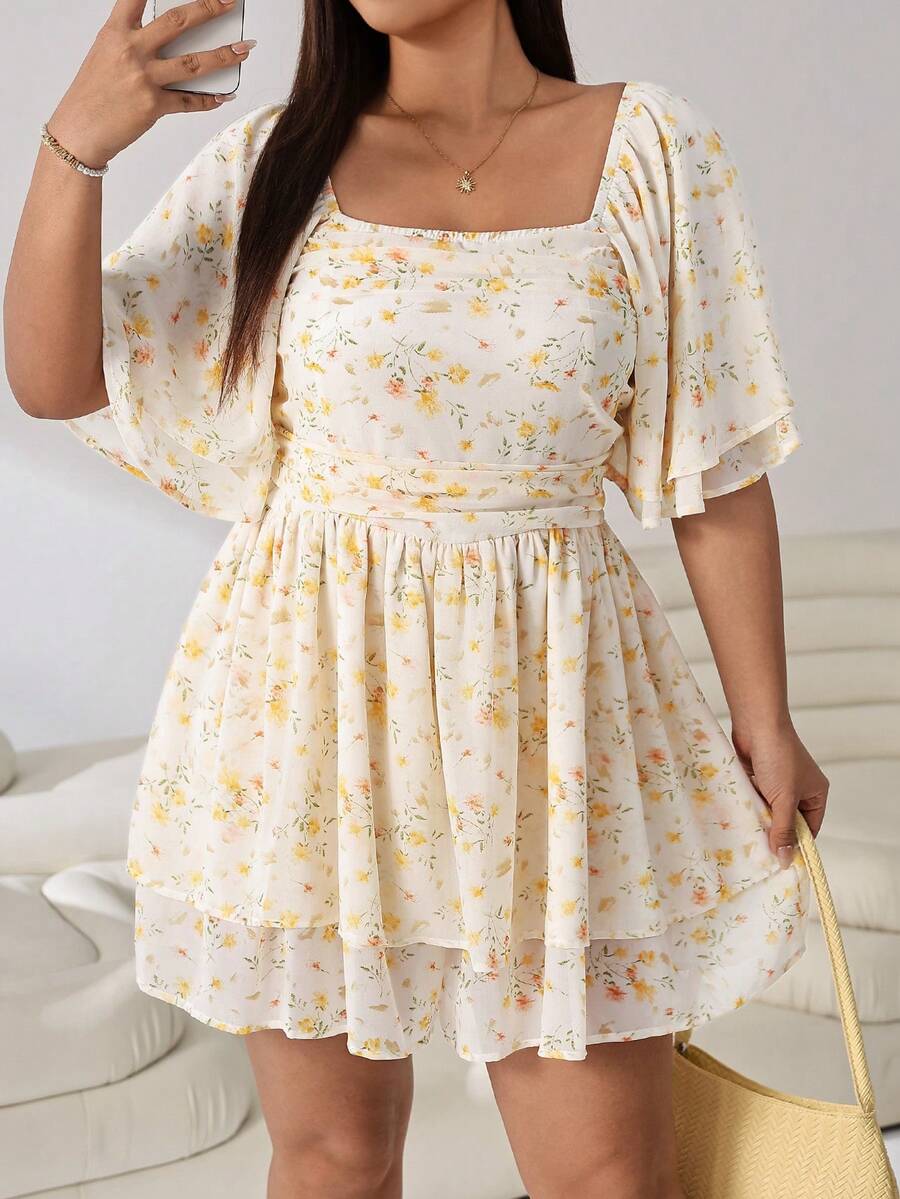Solflare Mono elegante de mujer talla grande con cuello cuadrado, estampado floral, mangas raglán cortas y bajo con volantes - Multicolor - Ver 1