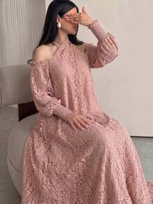Al Najma 女款粉色編織蕾絲扭結掛脖蘑菇鈕扣長袖優雅浪漫阿拉伯風洋裝 - 粉色 - 查看 7