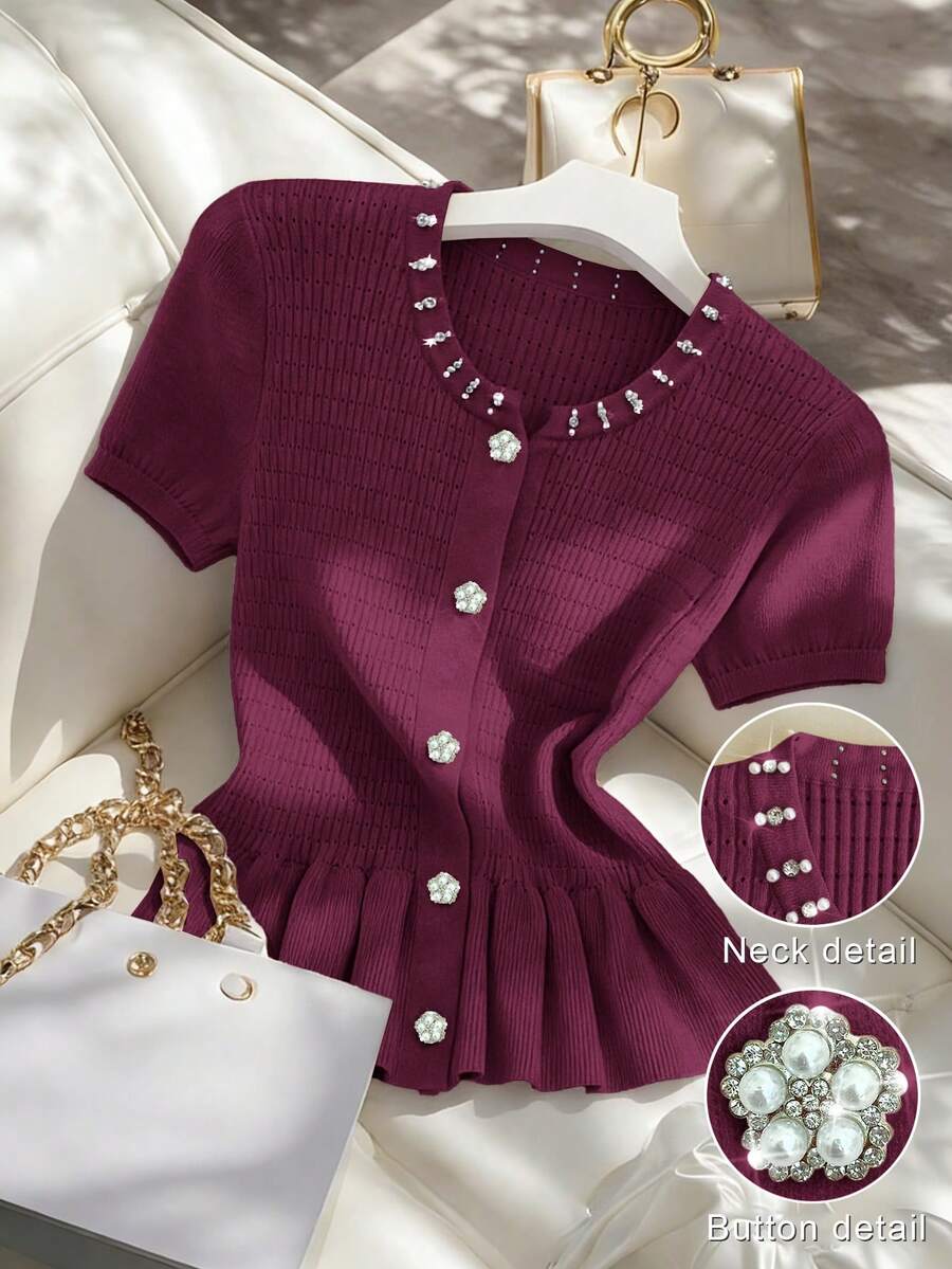 Franclia Women's Spring/Summer Casual Elegant Daily Versatile Solid Color Round Neck Regular Shoulder Fitted Short Sleeve Rhinestone Pearl Button Decorated Single-Breasted Ruffle Hem Regular Knit Cardigan - Red - View 1
