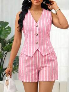 SHEIN Lady 女款條紋單排扣背心與短褲休閒兩件套 - 紅白色 - 查看 2