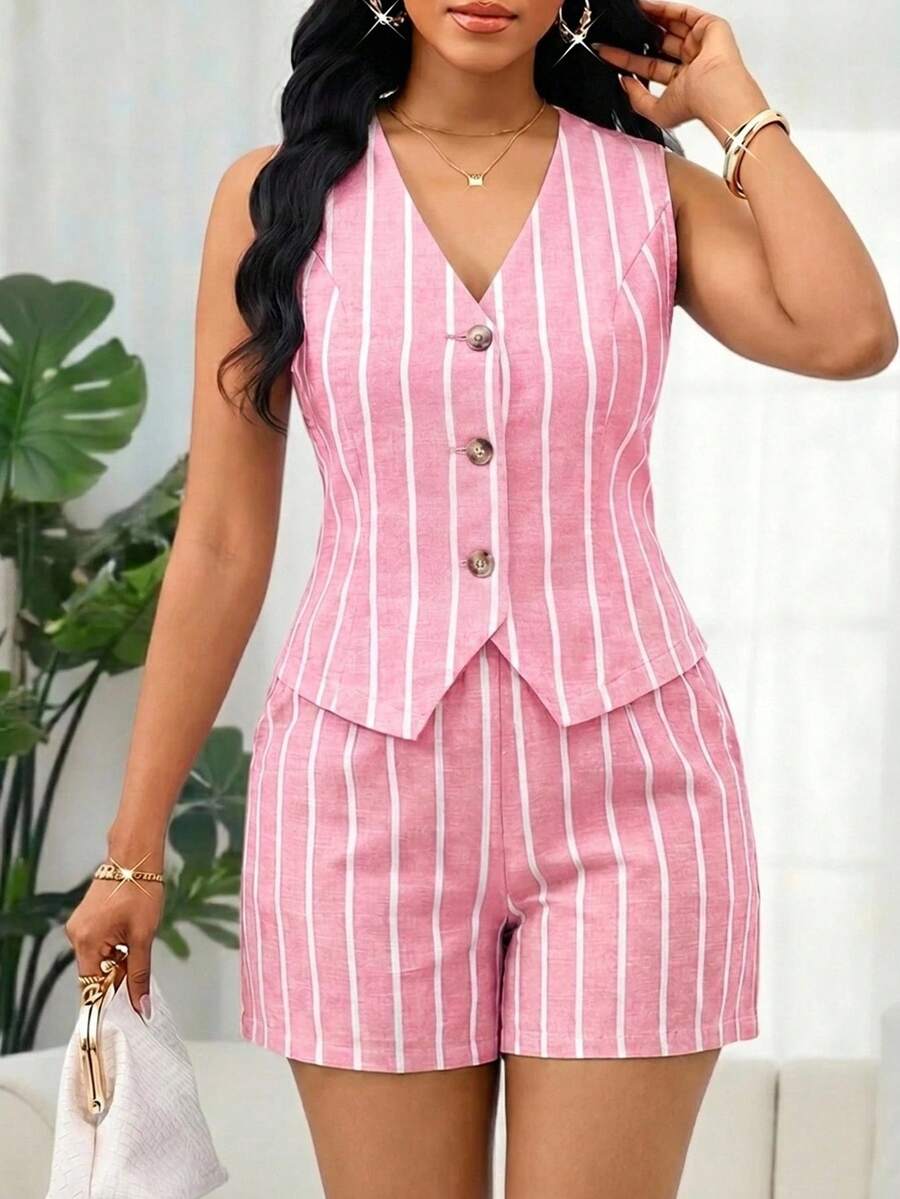 SHEIN Lady 女款條紋單排扣背心與短褲休閒兩件套