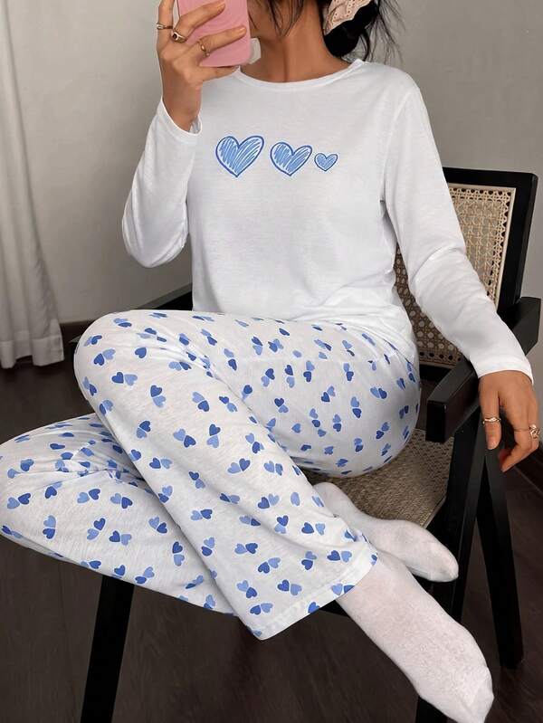 SHEIN Cotton Women 2pcs White With Blue Heart Printed Round Neck Long Sleeved Shirt& Heart Patterned