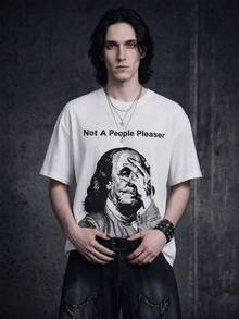 Vyqestra Men's Letter & Figure Print Round Neck Short Sleeve T-Shirt - White - View 5