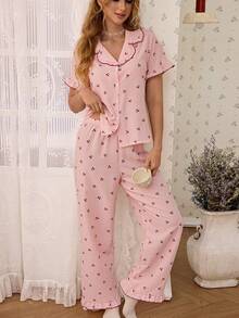 CottageSlumber Cherry Plaid Print Sweet Frill Trim Small Collar Button-Front Short Sleeve Women's Pajama Set - Pink - View 4