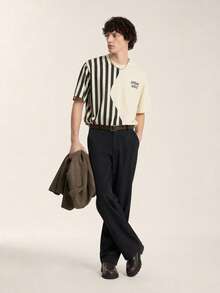 Limitiso Men's Minimalist Striped Print Colorblock T-Shirt, British Style - Beige - View 4