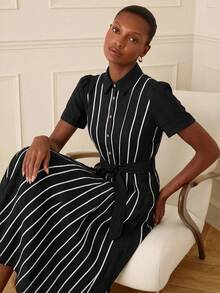 Lilora Elegant Women Black Button Down Dress With Belted Waist - Black and White - View 7