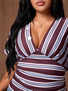 Rustia Plus Size Women's Casual One Shoulder Top With Shell Buttons, Spring/Summer - Brown - View 4