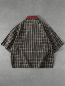 ROMWE MEN Men's Plaid Patchwork Casual Versatile Everyday Travel Shirt - Coffee Brown - View 2