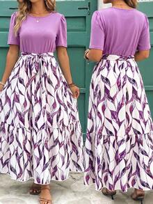 Reflora Plus Size Floral Print Ruffle Hem Short Sleeve Round Neck Long Dress - Purple - View 4