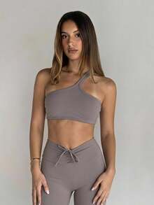 Aloruh Women's Solid Color One-Shoulder Casual Daily Sports Bra Neck Strappy Adjustable Sport Workout Gym Cute Pilates Fitness Daily Casual World Cup Fan - Dark Grey - View 5