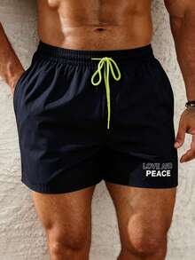 Manfinity KASUA Men Plus Size Holiday Beach Pool Letter Printed Elastic Waist Swim Shorts With Mesh Lining Milk Silk Lining - Navy Blue - View 5