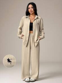 SHEIN PETITE Conjunto casual de camisa de manga larga y pantalones de caballero con bordado tejido en color albaricoque para mujeres petite - Albaricoque - Ver 6