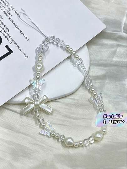 1pc Bow Pearl Phone Chain, Camera Lanyard, Phone Case Accessory, Portable & Durable Charm