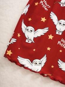 HARRY POTTER X SHEIN 青少年女孩印花細肩帶上衣與短褲家居服 - 紅色 - 查看 8