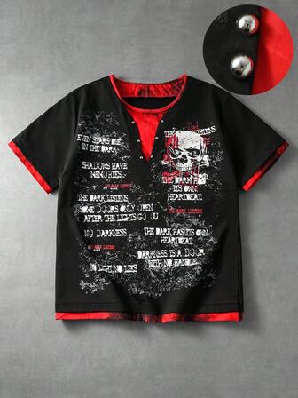 Street Life Camiseta holgada de doble capa 2 en 1 con estampado gótico oscuro para hombre