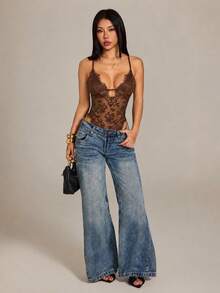 SHEIN PETITE 女款性感時尚蕾絲拼接透視連身衣 - 棕色 - 查看 1