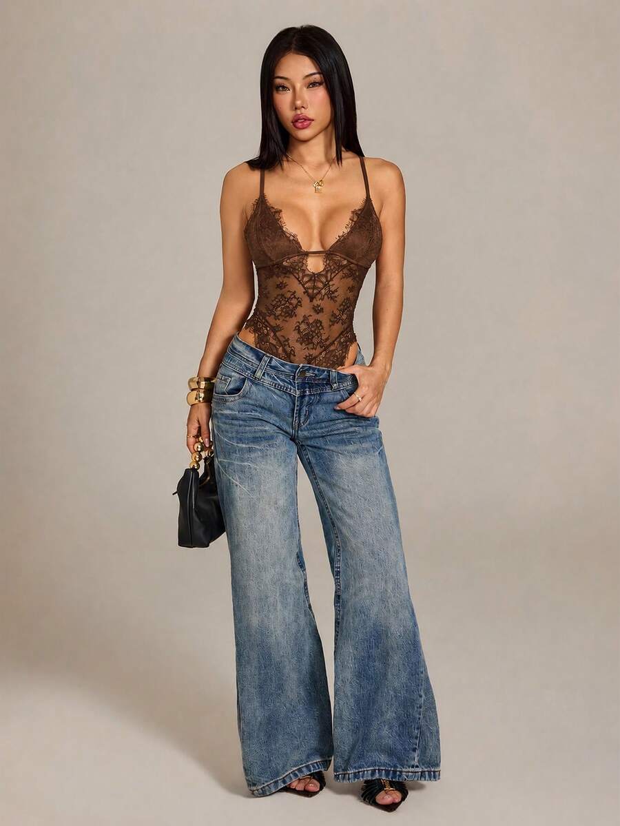 SHEIN PETITE 女款性感時尚蕾絲拼接透視連身衣 - 棕色 - 查看 1