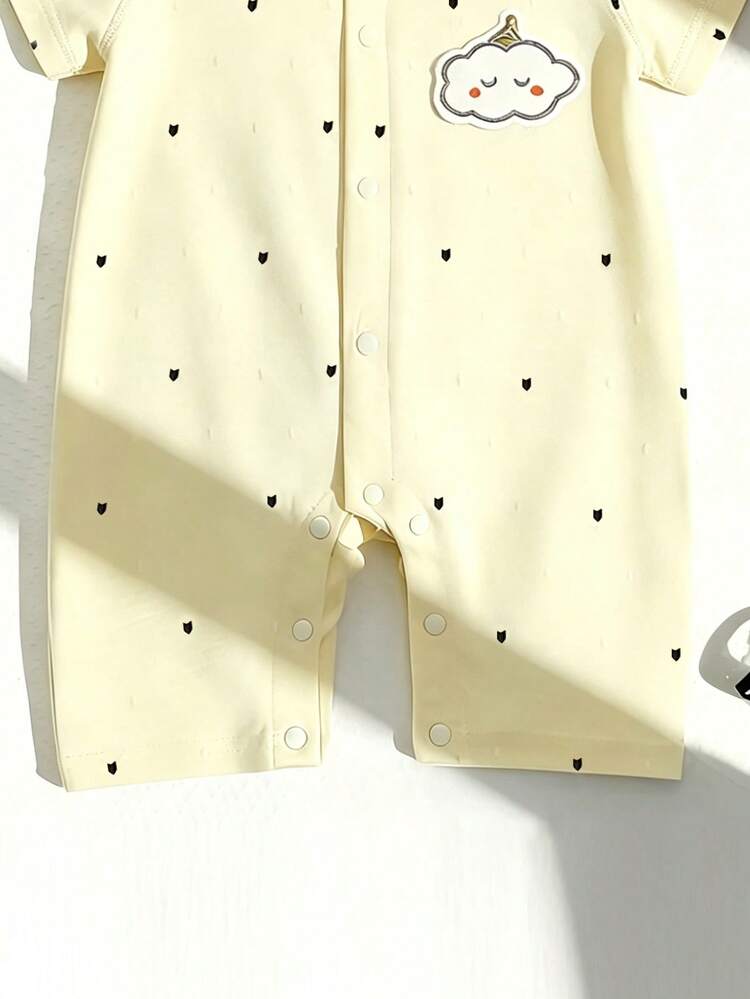 SHEIN Baby Boy Romper Soft Toddler Clothes 2026 Spring/Summer New Fashion Thin Newborn Romper Short Sleeve Casual And Sportswear Holiday Blue And Black Polka Dot Digital Print Cute Cloud Pattern Unisex Baby Summer Outfit Round Neck Snap Button Easy To Put On And Take Off 0-1 Years - Yellow - View 3